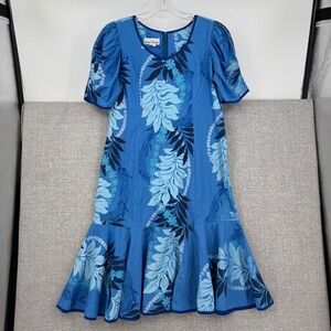 Vintage T & L Muumuu Factory Hawaii Dress Womens  XL 15/16 Blue Floral Ruffle